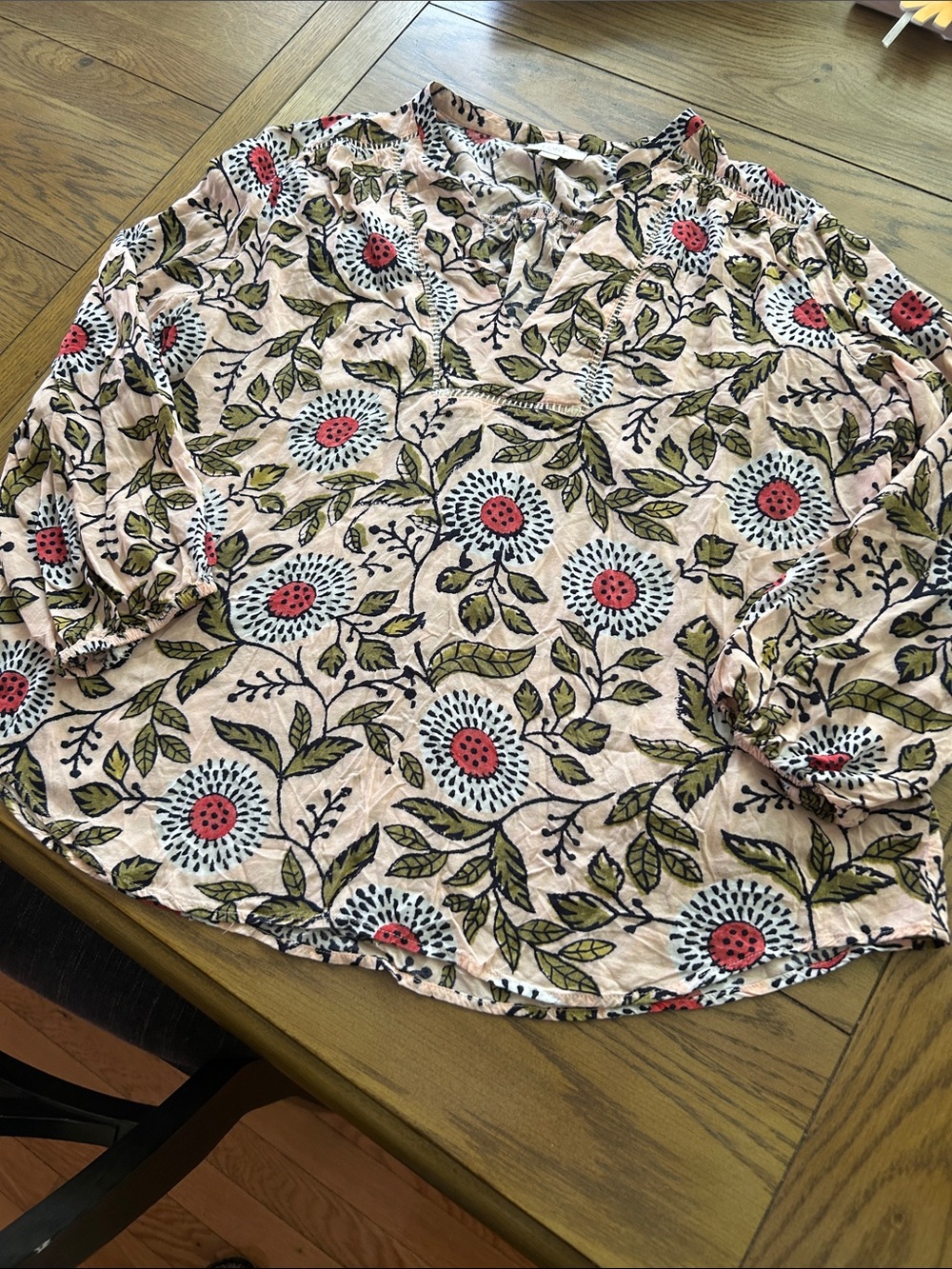 LOFT Floral Peasant Blouse — Pink with Green and Blue Accents